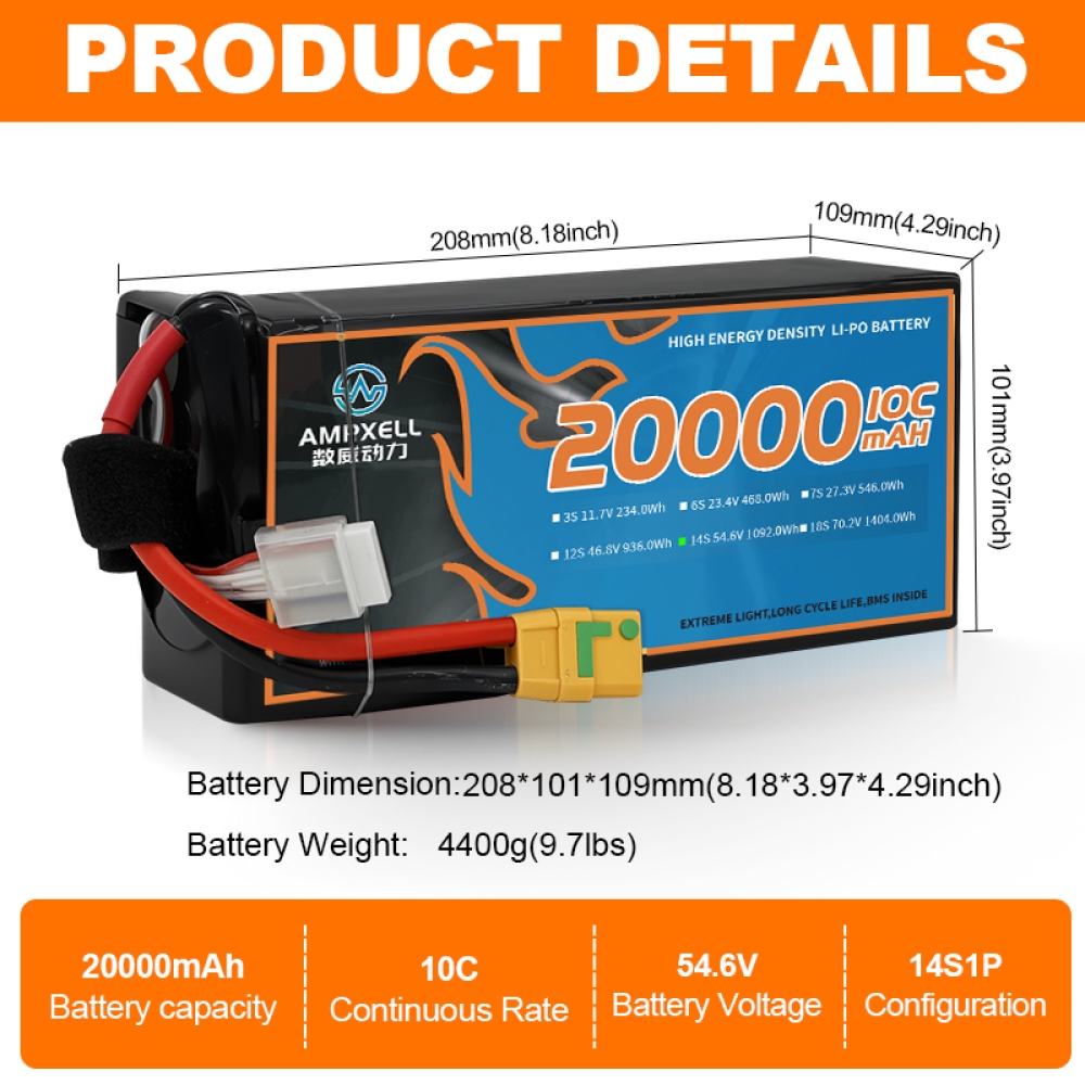 High voltage drone battery 20Ah 54.6v 14s 10C
