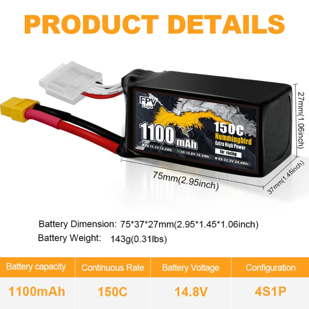FPV-Racing-Drohnenbatterie 1100 mAh 4S